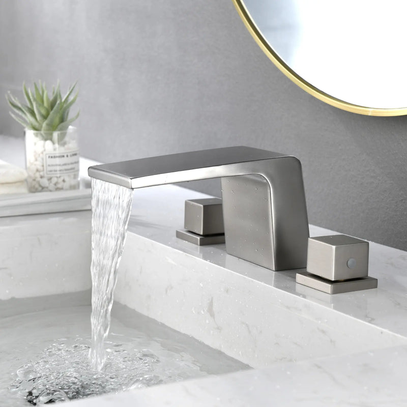 SHAMANDA Bathroom Basin Faucet 3 Holes 2 Square Handles Brushed Gold Sink Faucet shamanda-waterfall-widespread-faucet-brushed-gold Nickel Grey / Metal / 11.93 x 10.39 x 5.31 inches