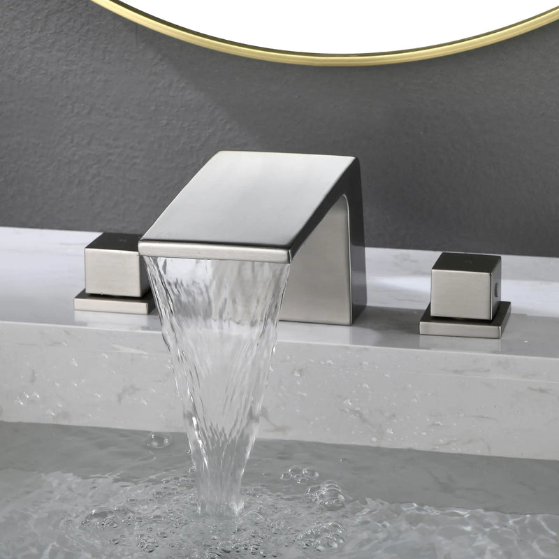 SHAMANDA Bathroom Basin Faucet 3 Holes 2 Square Handles Brushed Gold Sink Faucet shamanda-waterfall-widespread-faucet-brushed-gold 