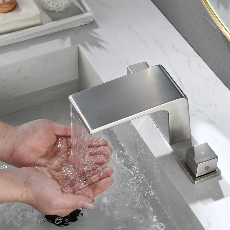 SHAMANDA Bathroom Basin Faucet 3 Holes 2 Square Handles Brushed Gold Sink Faucet shamanda-waterfall-widespread-faucet-brushed-gold 