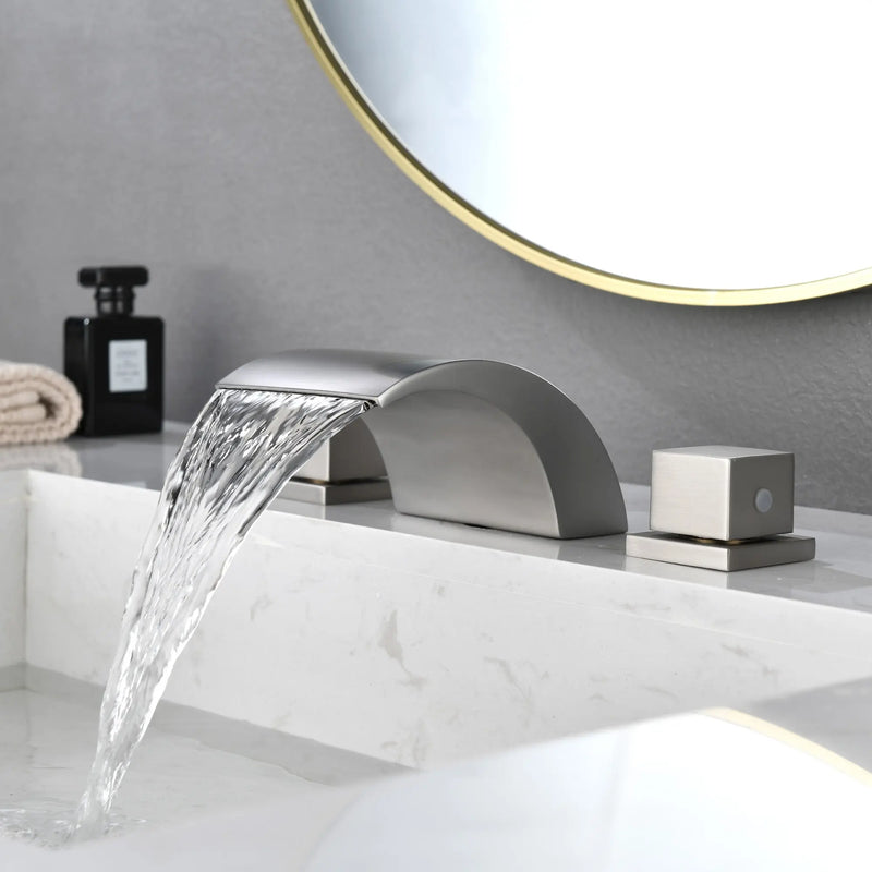 SHAMANDA Deck Mount Bathtub Faucet, Waterfall Roman Tub Filler Faucet Two Square Handle Bathroom Sink Faucet shamanda-waterfall-roman-tub-filler-square-handle Brushed Nickel / Brass / ‎11.85 x 10.55 x 5.35 inches