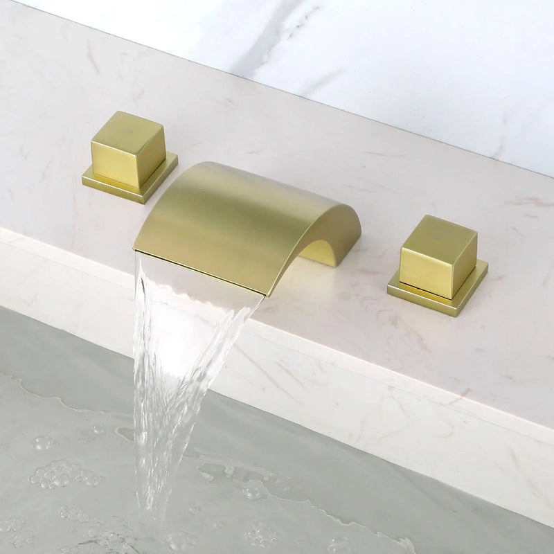 SHAMANDA Deck Mount Bathtub Faucet, Waterfall Roman Tub Filler Faucet Two Square Handle Bathroom Sink Faucet shamanda-waterfall-roman-tub-filler-square-handle Brushed Gold / Brass / ‎11.85 x 10.55 x 5.35 inches