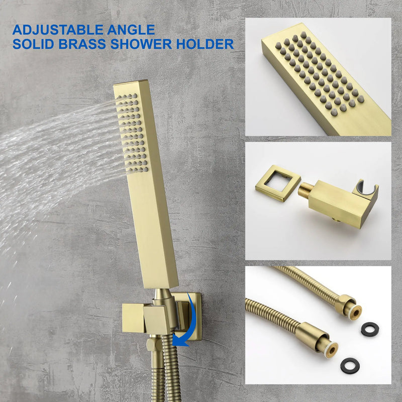 SHAMANDA Shower System Brass 10 Inch Bathroom Shower Faucet Combo Set with Handheld Spray Dual Functions Wall Mount shamanda-rainfall-shower-system-brushed-gold 