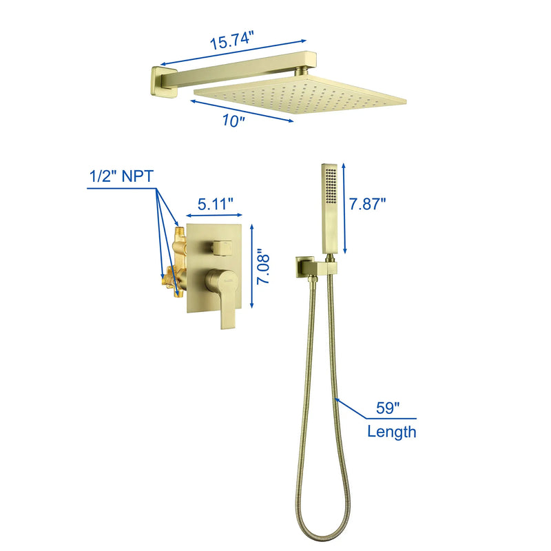 SHAMANDA Shower System Brass 10 Inch Bathroom Shower Faucet Combo Set with Handheld Spray Dual Functions Wall Mount shamanda-rainfall-shower-system-brushed-gold 