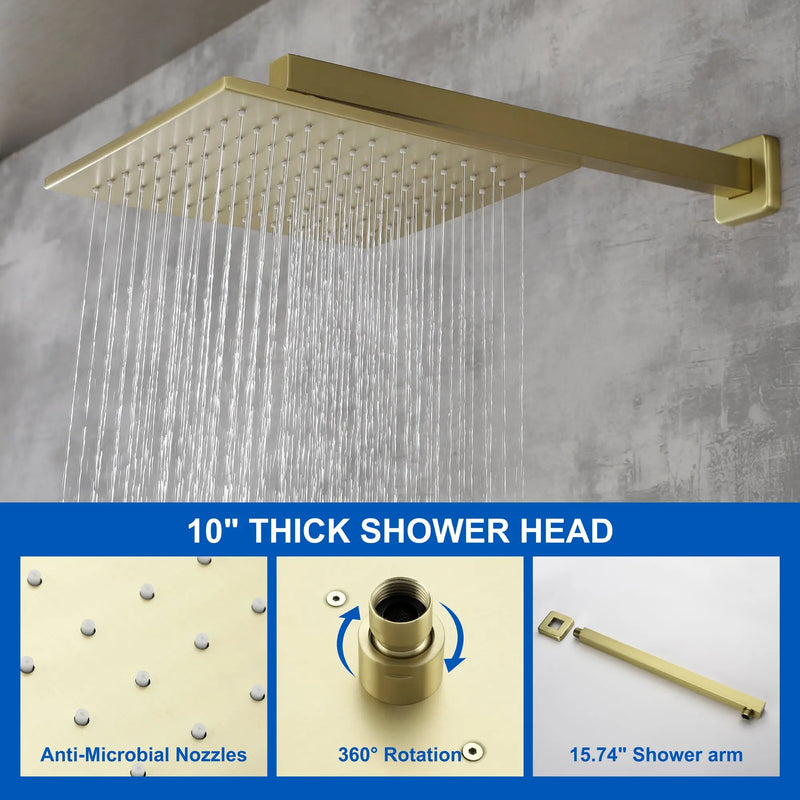 SHAMANDA Shower System Brass 10 Inch Bathroom Shower Faucet Combo Set with Handheld Spray Dual Functions Wall Mount shamanda-rainfall-shower-system-brushed-gold 