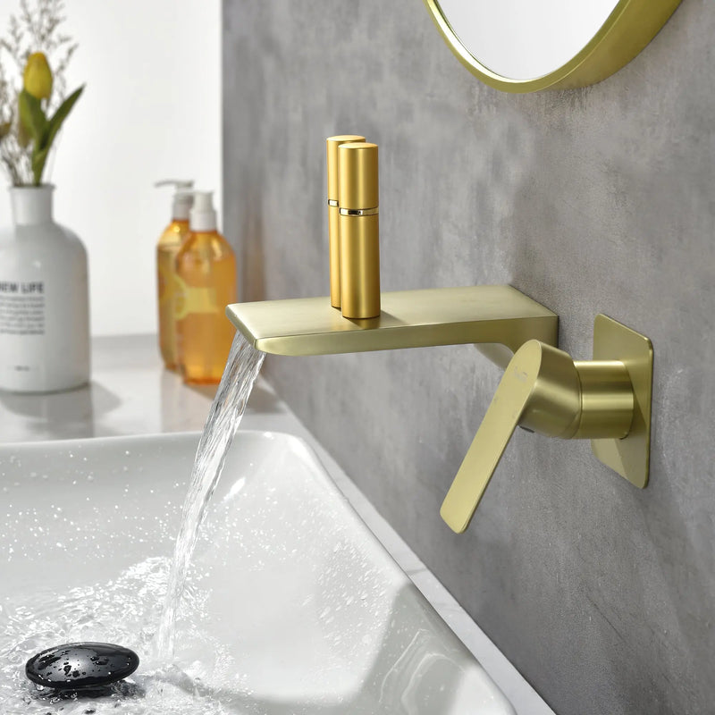 SHAMANDA Wall Mounted Bathroom Sink Faucet with Single Handle Lavatory Faucet Solid Brass Basin Mixer Tap wall-mounted-waterfall-tub-faucet-matte-black Brushed Gold