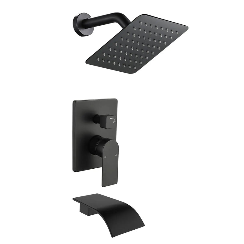 Shower System with Waterfall Tub Spout, Tub and Shower Faucet Trim Kit with Rough in Valve, Shower Tub Faucet Set Wall Mounted shamanda-waterfall-tub-shower-system Matte Black