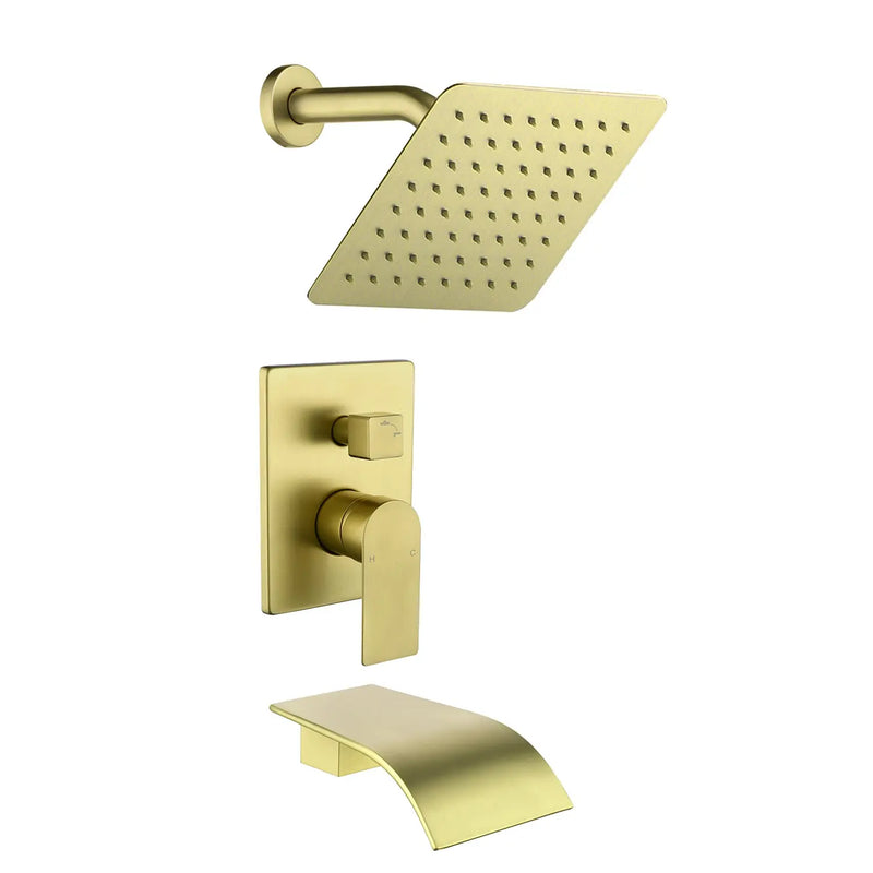 Shower System with Waterfall Tub Spout, Tub and Shower Faucet Trim Kit with Rough in Valve, Shower Tub Faucet Set Wall Mounted shamanda-waterfall-tub-shower-system Brushed Gold