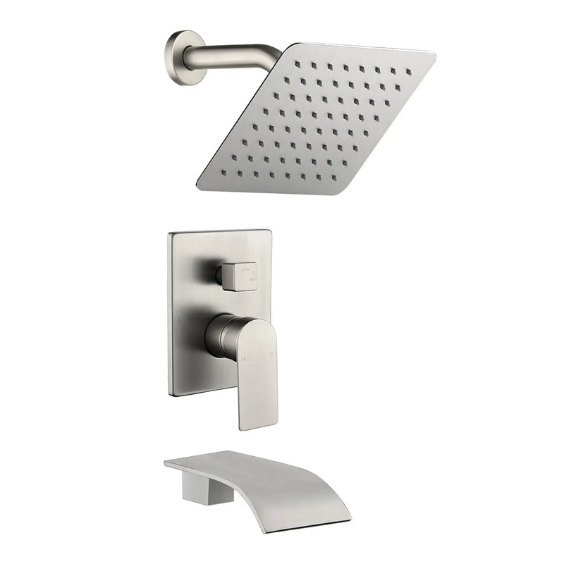 Shower System with Waterfall Tub Spout, Tub and Shower Faucet Trim Kit with Rough in Valve, Shower Tub Faucet Set Wall Mounted shamanda-waterfall-tub-shower-system Brushed Nickel