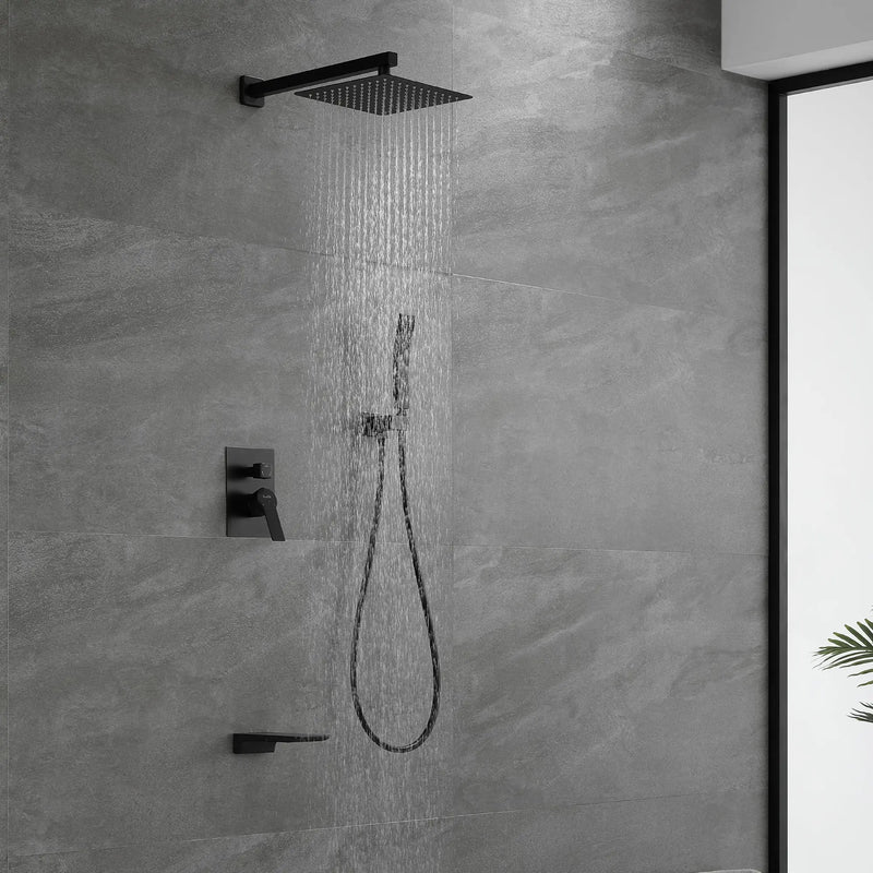 Shower System with Waterfall Tub Spout and Handheld Shower Head, 10" Rain Shower Faucet Sets shower-system-with-waterfall-tub-spout-and-handheld-shower-head-10-rain-shower-faucet-sets-complete-with-shower-round-in-valve-and-trim-wall-mounted-matte-black Matte Black / ‎10" shower head / Brass