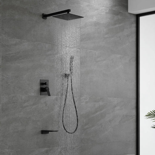 Shower System with Waterfall Tub Spout and Handheld Shower Head, 10" Rain Shower Faucet Sets shower-system-with-waterfall-tub-spout-and-handheld-shower-head-10-rain-shower-faucet-sets-complete-with-shower-round-in-valve-and-trim-wall-mounted-matte-black Matte Black / ‎10" shower head / Brass