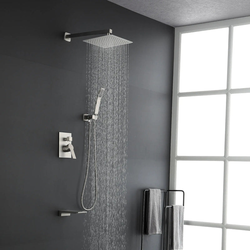 Shower System with Waterfall Tub Spout and Handheld Shower Head, 10" Rain Shower Faucet Sets shower-system-with-waterfall-tub-spout-and-handheld-shower-head-10-rain-shower-faucet-sets-complete-with-shower-round-in-valve-and-trim-wall-mounted-matte-black Brushed Nickel / ‎10" shower head / Brass