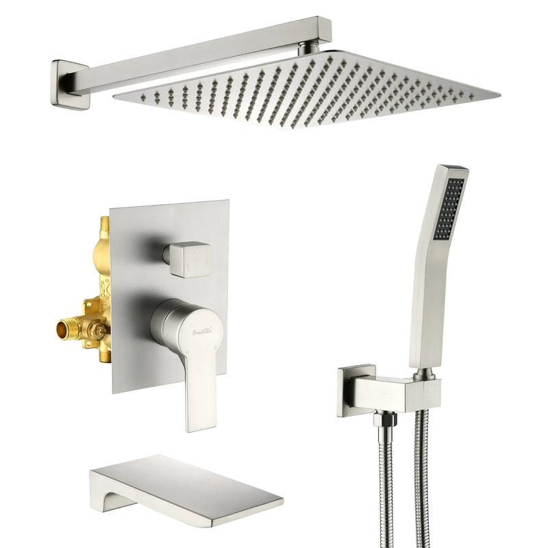 Shower System with Waterfall Tub Spout and Handheld Shower Head, 12" Rain Shower Faucet Sets Complete with Shower shower-system-with-waterfall-tub-spout-and-handheld-shower-head-12-rain-shower-faucet-sets-complete-with-shower-round-in-valve-and-trim-wall-mounted-matte-black-88016b-12 
