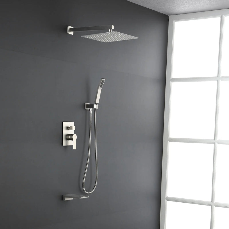 Shower System with Waterfall Tub Spout and Handheld Shower Head, 12" Rain Shower Faucet Sets Complete with Shower shower-system-with-waterfall-tub-spout-and-handheld-shower-head-12-rain-shower-faucet-sets-complete-with-shower-round-in-valve-and-trim-wall-mounted-matte-black-88016b-12 Brushed Nickel Grey / 12" Rain Shower Faucet / Brass
