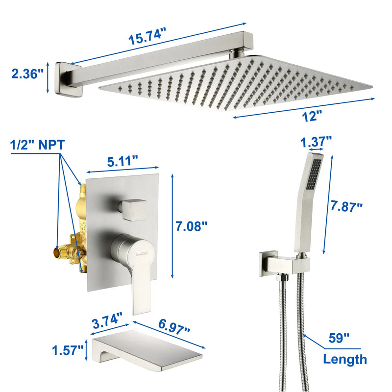 Shower System with Waterfall Tub Spout and Handheld Shower Head, 12" Rain Shower Faucet Sets Complete with Shower shower-system-with-waterfall-tub-spout-and-handheld-shower-head-12-rain-shower-faucet-sets-complete-with-shower-round-in-valve-and-trim-wall-mounted-matte-black-88016b-12 