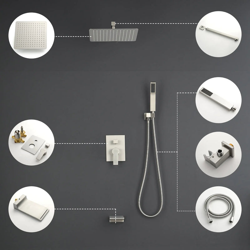 Shower System with Waterfall Tub Spout and Handheld Shower Head, 12" Rain Shower Faucet Sets Complete with Shower shower-system-with-waterfall-tub-spout-and-handheld-shower-head-12-rain-shower-faucet-sets-complete-with-shower-round-in-valve-and-trim-wall-mounted-matte-black-88016b-12 