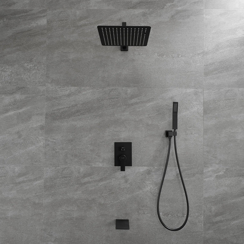 Shower System with Waterfall Tub Spout and Handheld Shower Head, 12" Rain Shower Faucet Sets Complete with Shower shower-system-with-waterfall-tub-spout-and-handheld-shower-head-12-rain-shower-faucet-sets-complete-with-shower-round-in-valve-and-trim-wall-mounted-matte-black-88016b-12 