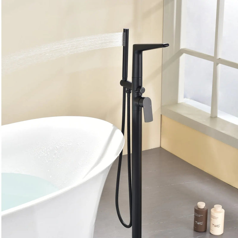 Single-Handle Stand Alone Bathtub Faucet Hot and Cold Water Freestanding Bathtub Filler with High Pressure Hand Shower in Brushed Gold, Brushed Nickel, Matte Black, Chrome single-handle-freestanding-tub-filler 