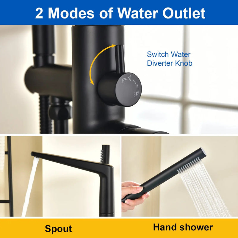Single-Handle Stand Alone Bathtub Faucet Hot and Cold Water Freestanding Bathtub Filler with High Pressure Hand Shower in Brushed Gold, Brushed Nickel, Matte Black, Chrome single-handle-freestanding-tub-filler 