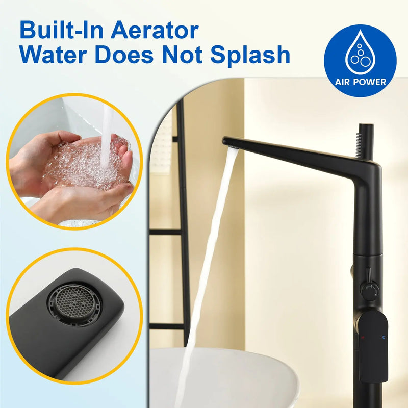 Single-Handle Stand Alone Bathtub Faucet Hot and Cold Water Freestanding Bathtub Filler with High Pressure Hand Shower in Brushed Gold, Brushed Nickel, Matte Black, Chrome single-handle-freestanding-tub-filler 