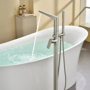 Single-Handle Stand Alone Bathtub Faucet Hot and Cold Water Freestanding Bathtub Filler with High Pressure Hand Shower in Brushed Gold, Brushed Nickel, Matte Black, Chrome single-handle-freestanding-tub-filler 