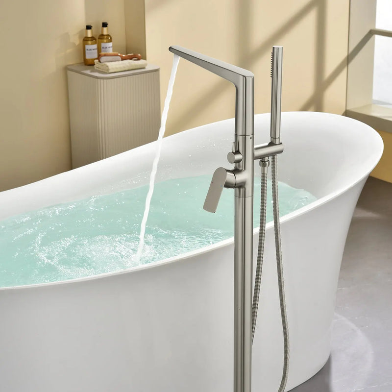 Single-Handle Stand Alone Bathtub Faucet Hot and Cold Water Freestanding Bathtub Filler with High Pressure Hand Shower in Brushed Gold, Brushed Nickel, Matte Black, Chrome single-handle-freestanding-tub-filler 