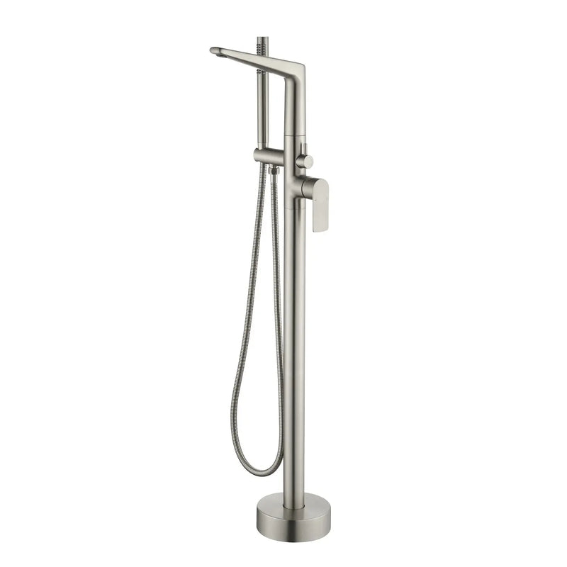 Single-Handle Stand Alone Bathtub Faucet Hot and Cold Water Freestanding Bathtub Filler with High Pressure Hand Shower in Brushed Gold, Brushed Nickel, Matte Black, Chrome single-handle-freestanding-tub-filler 