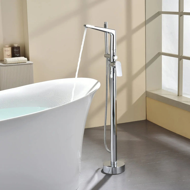 Single-Handle Stand Alone Bathtub Faucet Hot and Cold Water Freestanding Bathtub Filler with High Pressure Hand Shower in Brushed Gold, Brushed Nickel, Matte Black, Chrome single-handle-freestanding-tub-filler 