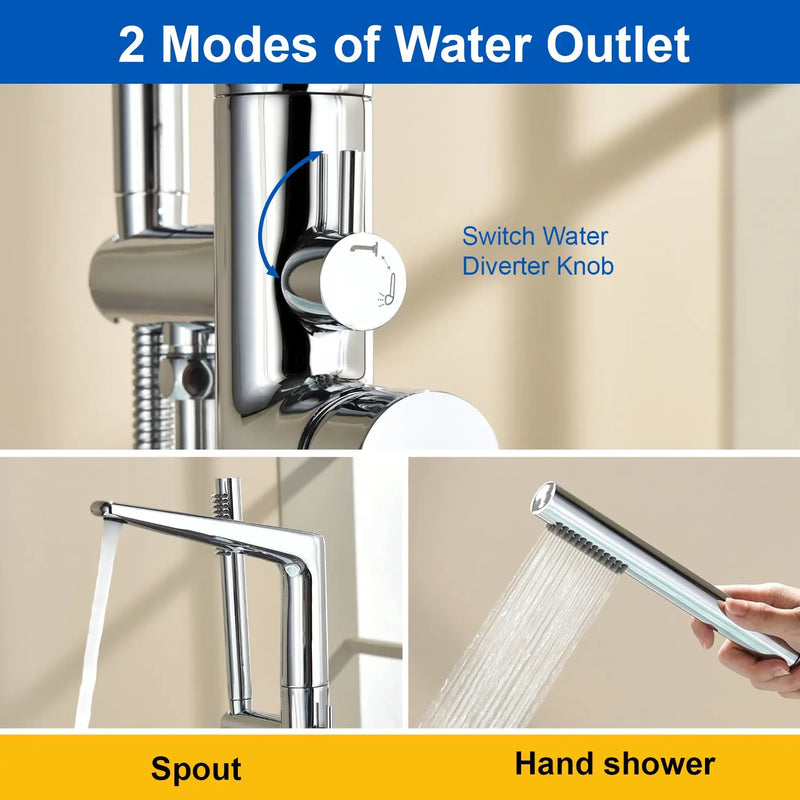 Single-Handle Stand Alone Bathtub Faucet Hot and Cold Water Freestanding Bathtub Filler with High Pressure Hand Shower in Brushed Gold, Brushed Nickel, Matte Black, Chrome single-handle-freestanding-tub-filler 
