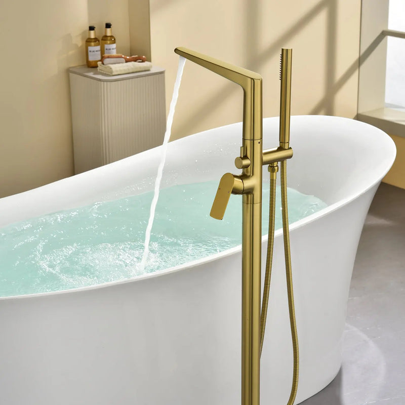 Single-Handle Stand Alone Bathtub Faucet Hot and Cold Water Freestanding Bathtub Filler with High Pressure Hand Shower in Brushed Gold, Brushed Nickel, Matte Black, Chrome single-handle-freestanding-tub-filler 