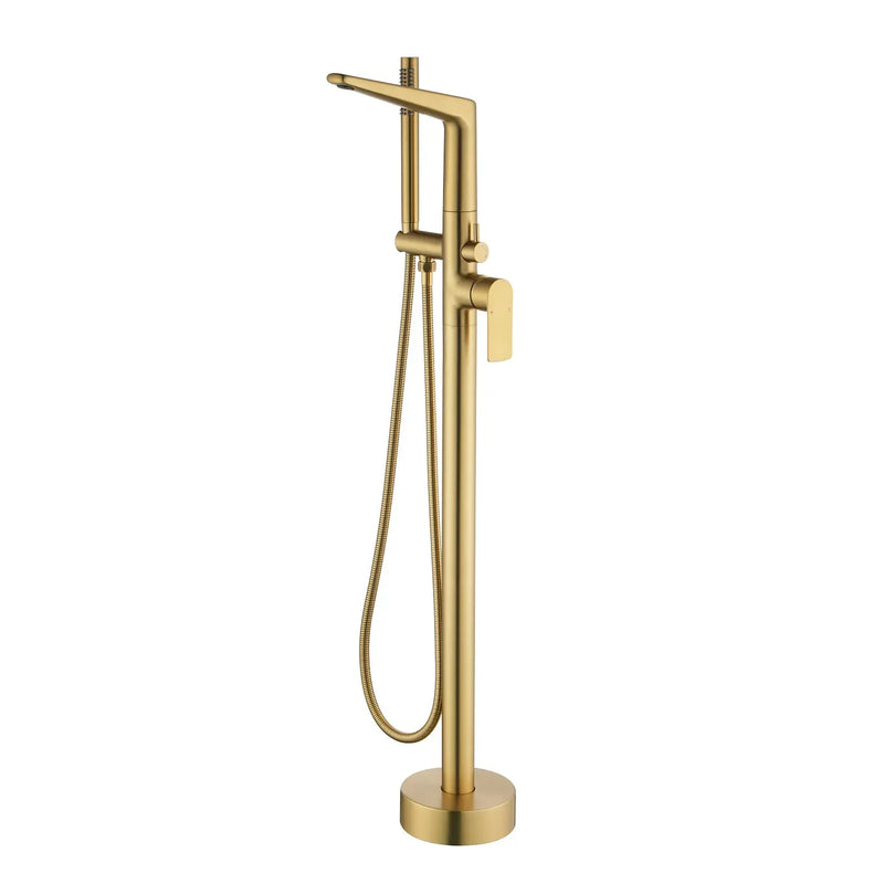 Single-Handle Stand Alone Bathtub Faucet Hot and Cold Water Freestanding Bathtub Filler with High Pressure Hand Shower in Brushed Gold, Brushed Nickel, Matte Black, Chrome single-handle-freestanding-tub-filler 