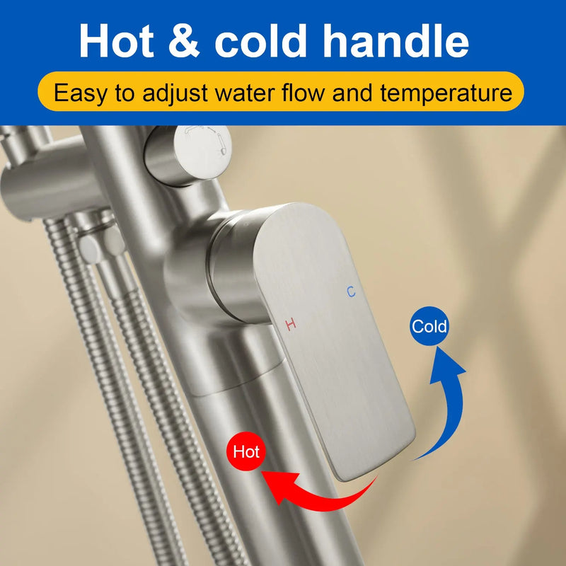 Single-Handle Stand Alone Bathtub Faucet Hot and Cold Water Freestanding Bathtub Filler with High Pressure Hand Shower in Brushed Gold, Brushed Nickel, Matte Black, Chrome single-handle-freestanding-tub-filler 
