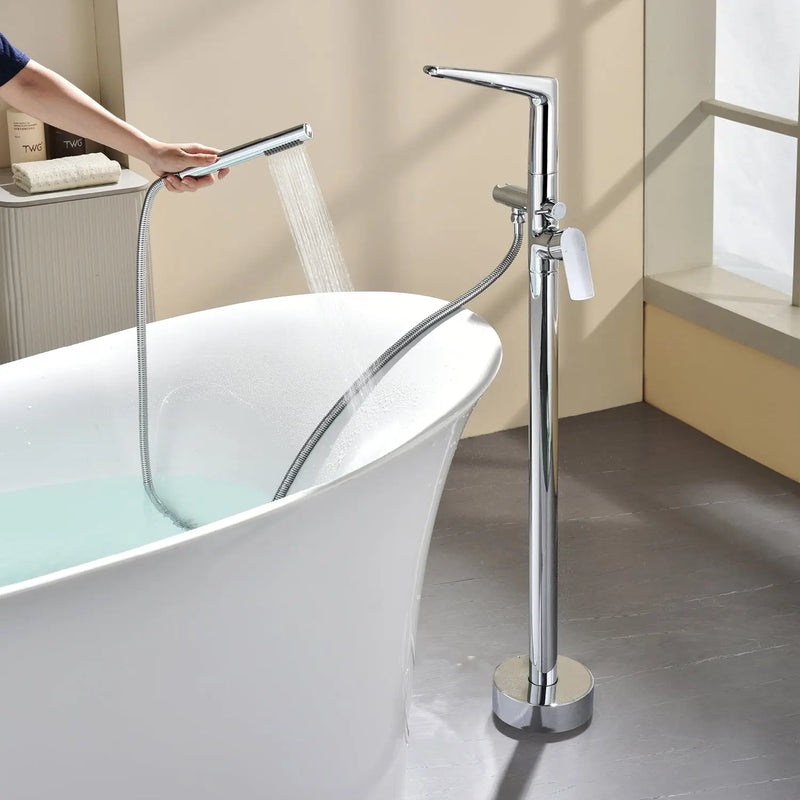 Single-Handle Stand Alone Bathtub Faucet Hot and Cold Water Freestanding Bathtub Filler with High Pressure Hand Shower in Brushed Gold, Brushed Nickel, Matte Black, Chrome single-handle-freestanding-tub-filler Chrome / Brass & Stainless Steel / 31.5*15*3inches