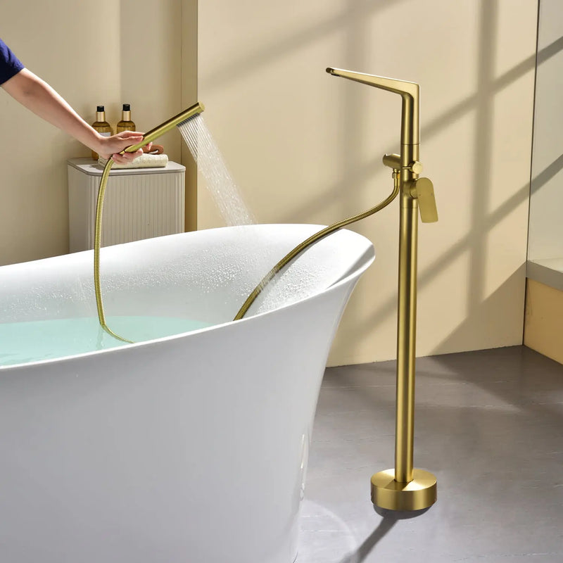 Single-Handle Stand Alone Bathtub Faucet Hot and Cold Water Freestanding Bathtub Filler with High Pressure Hand Shower in Brushed Gold, Brushed Nickel, Matte Black, Chrome single-handle-freestanding-tub-filler 