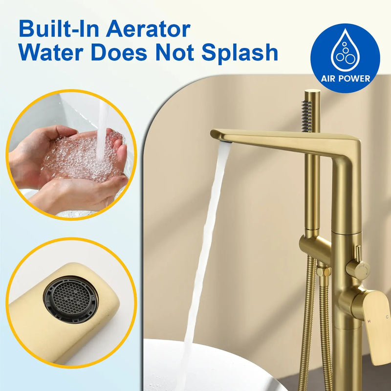 Single-Handle Stand Alone Bathtub Faucet Hot and Cold Water Freestanding Bathtub Filler with High Pressure Hand Shower in Brushed Gold, Brushed Nickel, Matte Black, Chrome single-handle-freestanding-tub-filler 