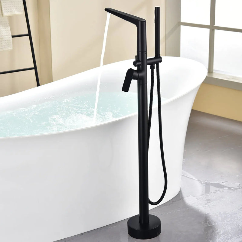 Single-Handle Stand Alone Bathtub Faucet Hot and Cold Water Freestanding Bathtub Filler with High Pressure Hand Shower in Brushed Gold, Brushed Nickel, Matte Black, Chrome single-handle-freestanding-tub-filler 