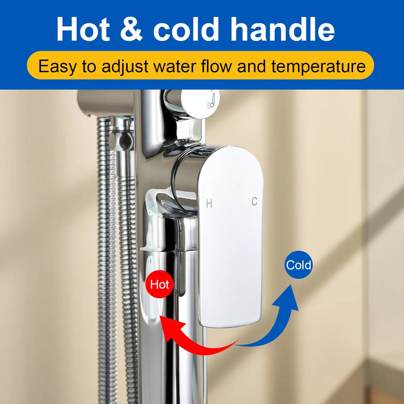 Single-Handle Stand Alone Bathtub Faucet Hot and Cold Water Freestanding Bathtub Filler with High Pressure Hand Shower in Brushed Gold, Brushed Nickel, Matte Black, Chrome single-handle-freestanding-tub-filler 