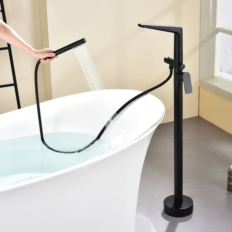 Single-Handle Stand Alone Bathtub Faucet Hot and Cold Water Freestanding Bathtub Filler with High Pressure Hand Shower in Brushed Gold, Brushed Nickel, Matte Black, Chrome single-handle-freestanding-tub-filler 