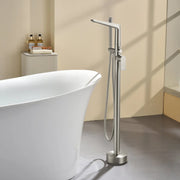 Single-Handle Stand Alone Bathtub Faucet Hot and Cold Water Freestanding Bathtub Filler with High Pressure Hand Shower in Brushed Gold, Brushed Nickel, Matte Black, Chrome single-handle-freestanding-tub-filler 