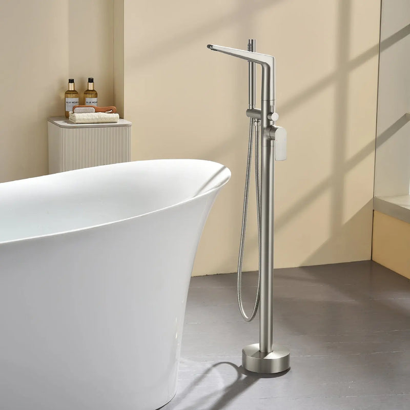 Single-Handle Stand Alone Bathtub Faucet Hot and Cold Water Freestanding Bathtub Filler with High Pressure Hand Shower in Brushed Gold, Brushed Nickel, Matte Black, Chrome single-handle-freestanding-tub-filler 