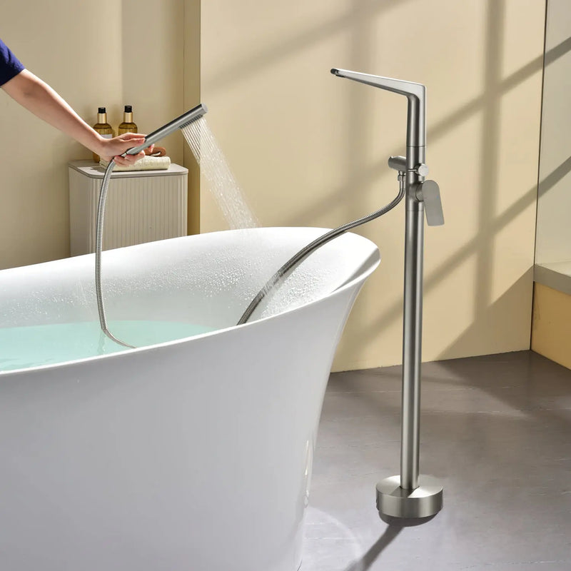 Single-Handle Stand Alone Bathtub Faucet Hot and Cold Water Freestanding Bathtub Filler with High Pressure Hand Shower in Brushed Gold, Brushed Nickel, Matte Black, Chrome single-handle-freestanding-tub-filler Brushed Nickel / Brass & Stainless Steel / 31.5*15*3inches