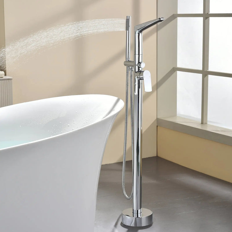 Single-Handle Stand Alone Bathtub Faucet Hot and Cold Water Freestanding Bathtub Filler with High Pressure Hand Shower in Brushed Gold, Brushed Nickel, Matte Black, Chrome single-handle-freestanding-tub-filler 