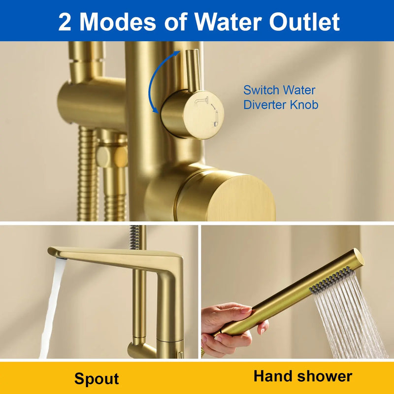 Single-Handle Stand Alone Bathtub Faucet Hot and Cold Water Freestanding Bathtub Filler with High Pressure Hand Shower in Brushed Gold, Brushed Nickel, Matte Black, Chrome single-handle-freestanding-tub-filler 