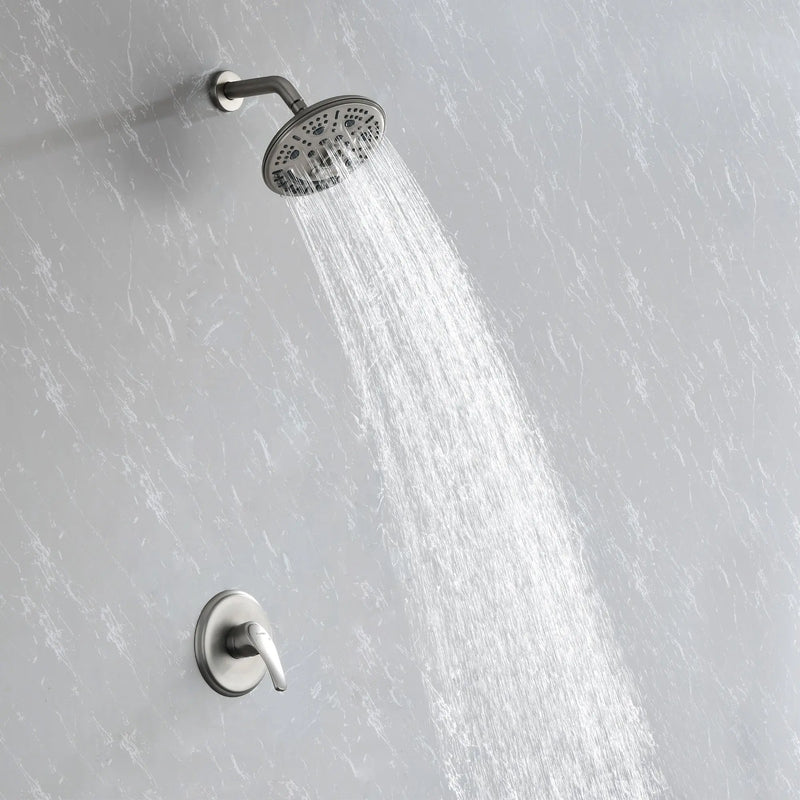 Single Function Wall Mounted Shower Trim Set with 8-inch ABS 6 Settings Shower Head - Matte Black, Brushed Nickel, Brushed Gold single-function-shower-faucet-set-wall-mounted-shower-system Brushed Nickel / Brass / 13.9 x 9.2 x 5.7 Inches