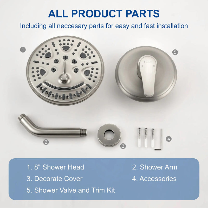 Single Function Wall Mounted Shower Trim Set with 8-inch ABS 6 Settings Shower Head - Matte Black, Brushed Nickel, Brushed Gold single-function-shower-faucet-set-wall-mounted-shower-system 