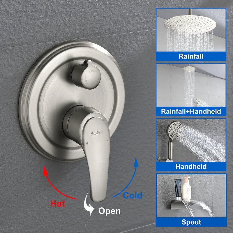 Single Handle 12" Ceiling-Mounted Bath and Shower System Set with 7 Settings Hand Spray, Waterfall Spout single-handle-12-ceiling-mounted-bath-and-shower-system-set-with-6-settings-hand-spray-waterfall-spout 