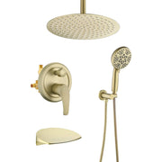 Single Handle 12" Ceiling-Mounted Bath and Shower System Set with 7 Settings Hand Spray, Waterfall Spout single-handle-12-ceiling-mounted-bath-and-shower-system-set-with-6-settings-hand-spray-waterfall-spout Brushed Gold / Brass & SUS304 & ABS / 17.5*13.4*5.5inches