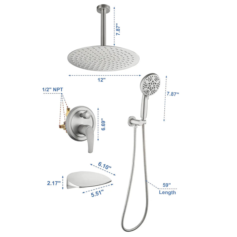 Single Handle 12" Ceiling-Mounted Bath and Shower System Set with 7 Settings Hand Spray, Waterfall Spout single-handle-12-ceiling-mounted-bath-and-shower-system-set-with-6-settings-hand-spray-waterfall-spout 