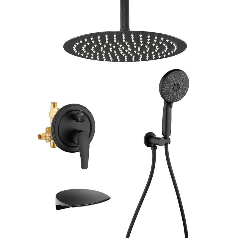 Single Handle 12" Ceiling-Mounted Bath and Shower System Set with 7 Settings Hand Spray, Waterfall Spout single-handle-12-ceiling-mounted-bath-and-shower-system-set-with-6-settings-hand-spray-waterfall-spout Matte Black / Brass & SUS304 & ABS / 17.5*13.4*5.5inches