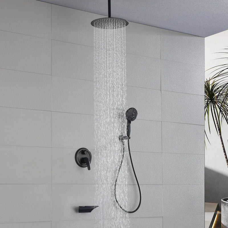 Single Handle 12" Ceiling-Mounted Bath and Shower System Set with 7 Settings Hand Spray, Waterfall Spout single-handle-12-ceiling-mounted-bath-and-shower-system-set-with-6-settings-hand-spray-waterfall-spout 