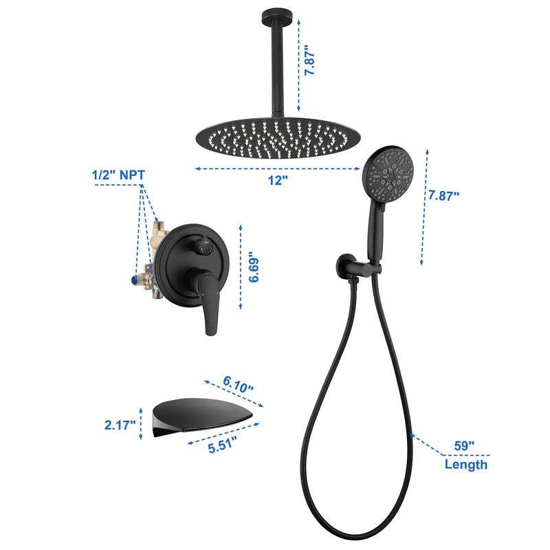 Single Handle 12" Ceiling-Mounted Bath and Shower System Set with 7 Settings Hand Spray, Waterfall Spout single-handle-12-ceiling-mounted-bath-and-shower-system-set-with-6-settings-hand-spray-waterfall-spout 